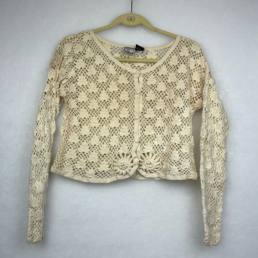 Cropped Button-down crochet Kimono/cardigan/sweater Long sleeves cream/tan Sz 2
